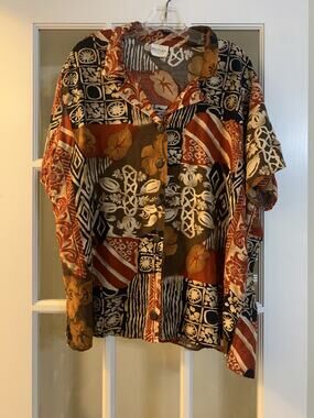 TR BENTLEY WOMENS vintage hawaiian printed blouse unique jungle red brown LG